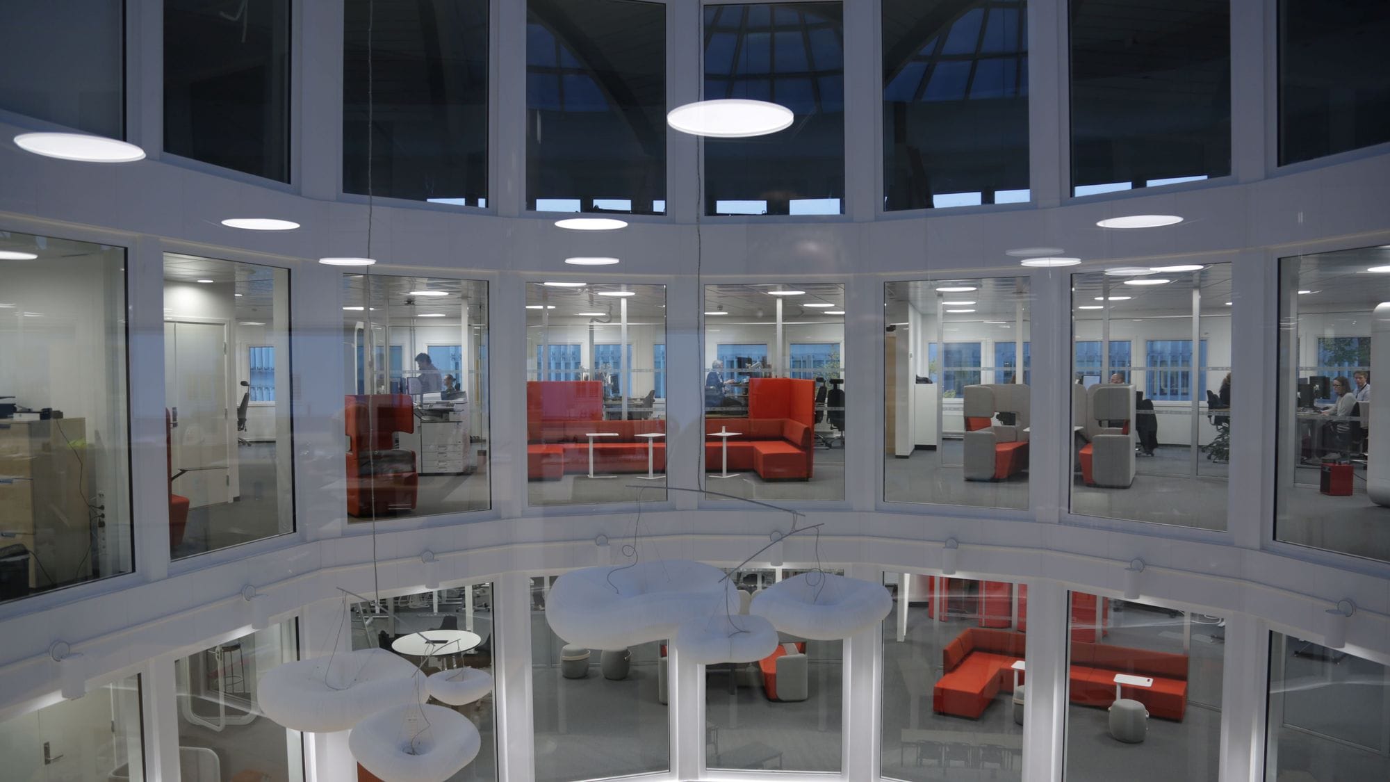 An overview of an office through seen from above through windows